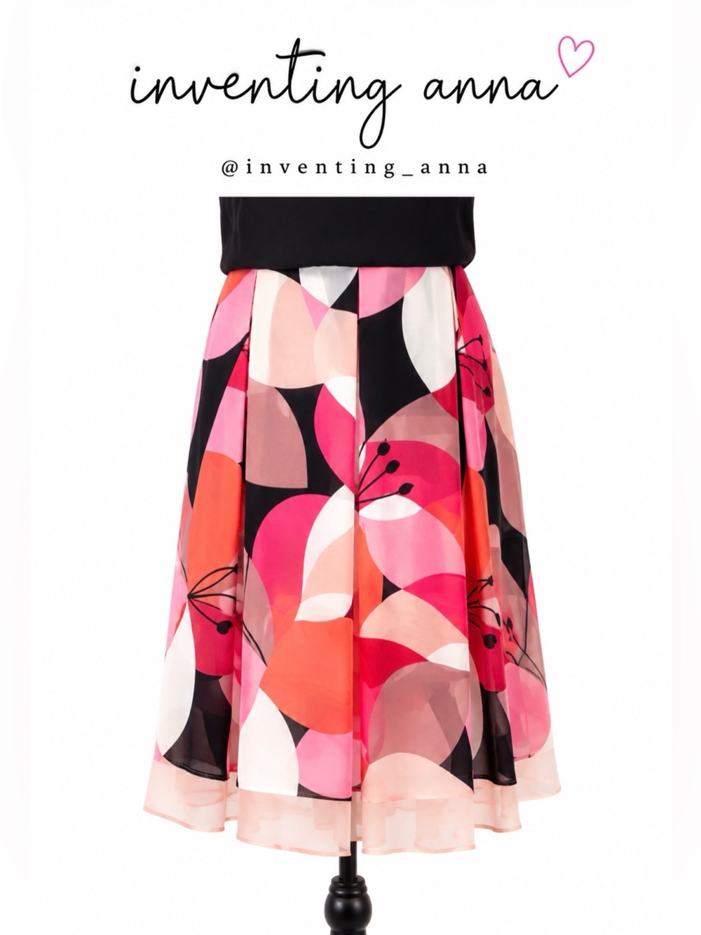 WORTHINGTON Pink Black and Cream Colored Abstract Pleated Circle Skirt